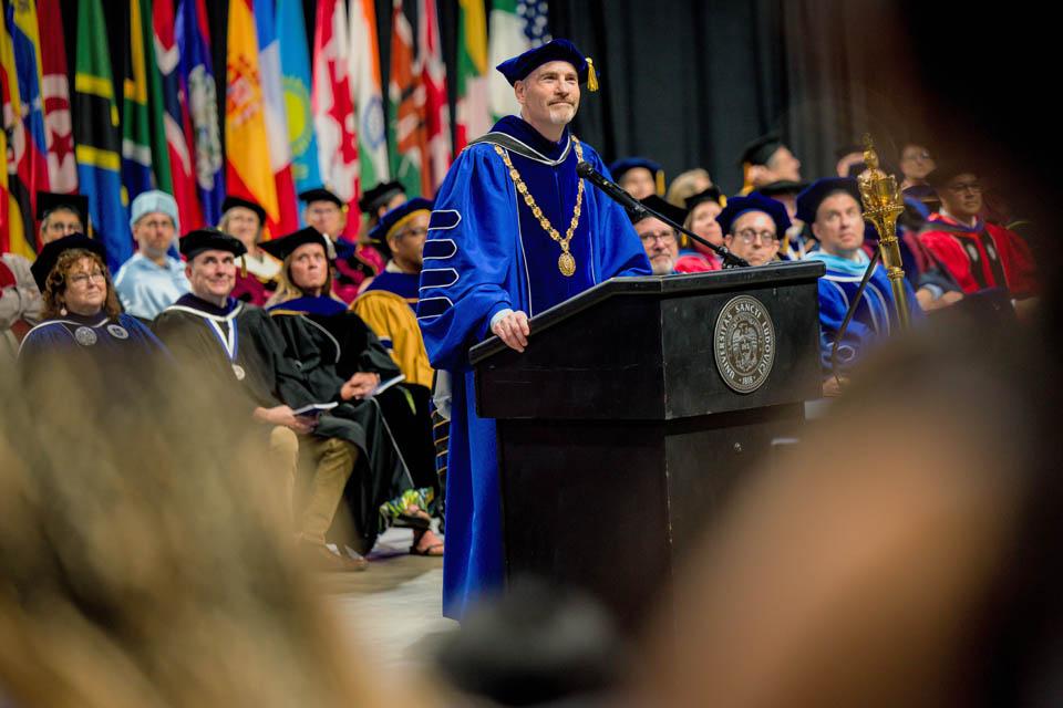 President Edward Feser, Ph.D., speaks during Convocation on Saturday, Aug.16, 2025. Photo by Sarah Conroy. 

