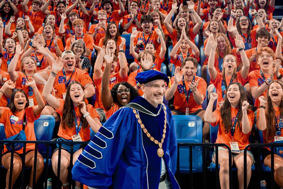 President Edward Feser, Ph.D., is cheered by Oriflamme during Convocation on Saturday, Aug. 16, 2025. Photo by Sarah Conroy. 