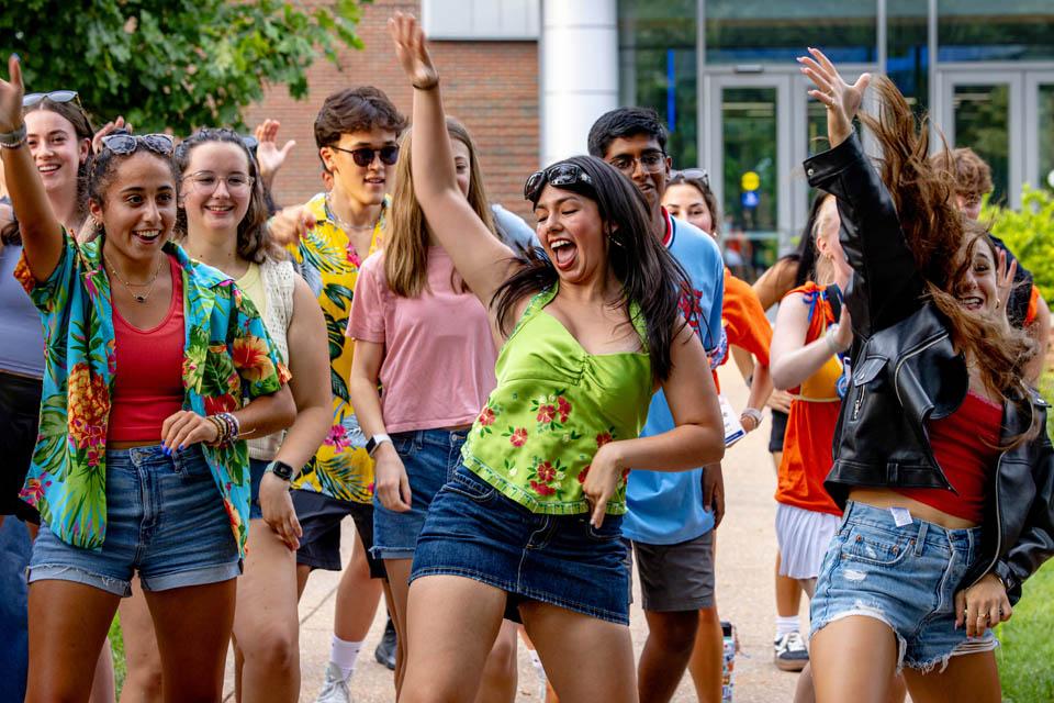 Residence hall floors perform during the Spirit Competition before the soccer game on Aug. 16, 2025. Photo by Sarah Conroy.