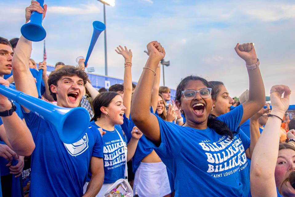 Students cheer during the Billiken soccer game on Aug. 16, 2025. Photo by Sarah Conroy.