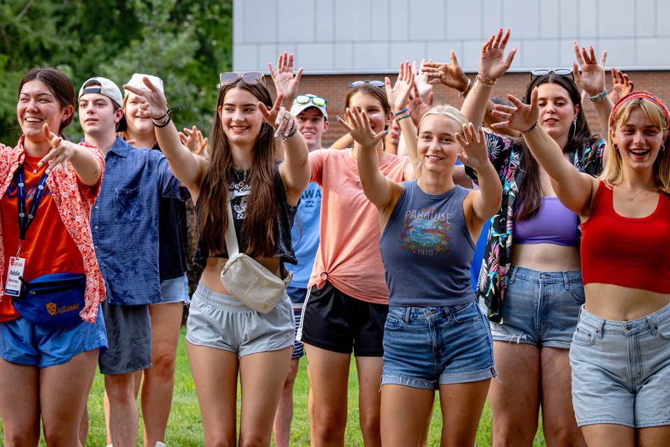 Residence hall floors perform during the Spirit Competition before the soccer game on Aug. 16, 2025. Photo by Sarah Conroy.