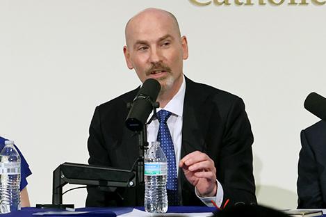 SLU President Edward Feser, Ph.D., talks about AI during the "AI and Its Impact on Education, Research, and the Quest for Truth" panel discussion.  Photo by Joe Barker. 