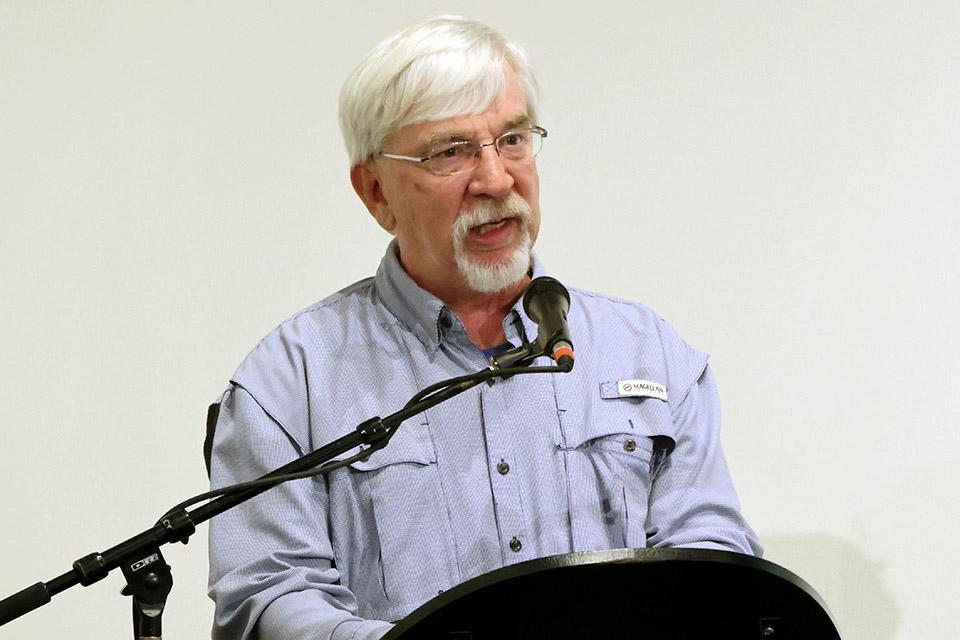 Greg Beabout, Ph.D., shared why SLU is holding a series of talks on  AI and the Social Teaching of the Church at the event on Monday, Sept. 15, 2025. Photo by Joe Barker. 