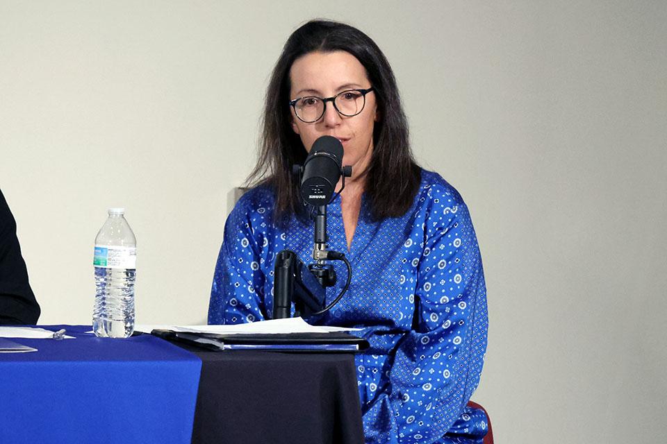 Catholic Studies Professor Jennifer Sanders, Ph.D., offered a critical look at AI during the "AI and Its Impact on Education, Research, and the Quest for Truth" panel discussion. Photo by Joe Barker. 