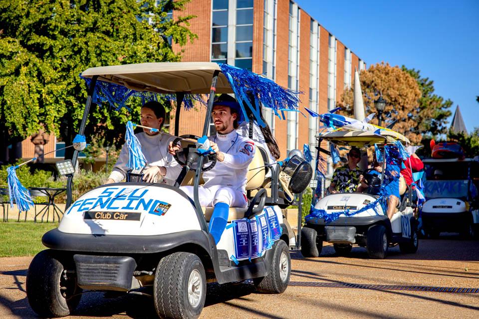 Student organizations participate in the Homecoming and Family Weekend Golf Cart Parade on Sept. 27, 2025. Photo by Sarah Conroy. 