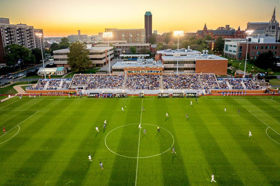 The sun sets over Hermann Stadium during the Homecoming and Family Weekend soccer game on Sept. 27, 2025. Photo by Sarah Conroy. 