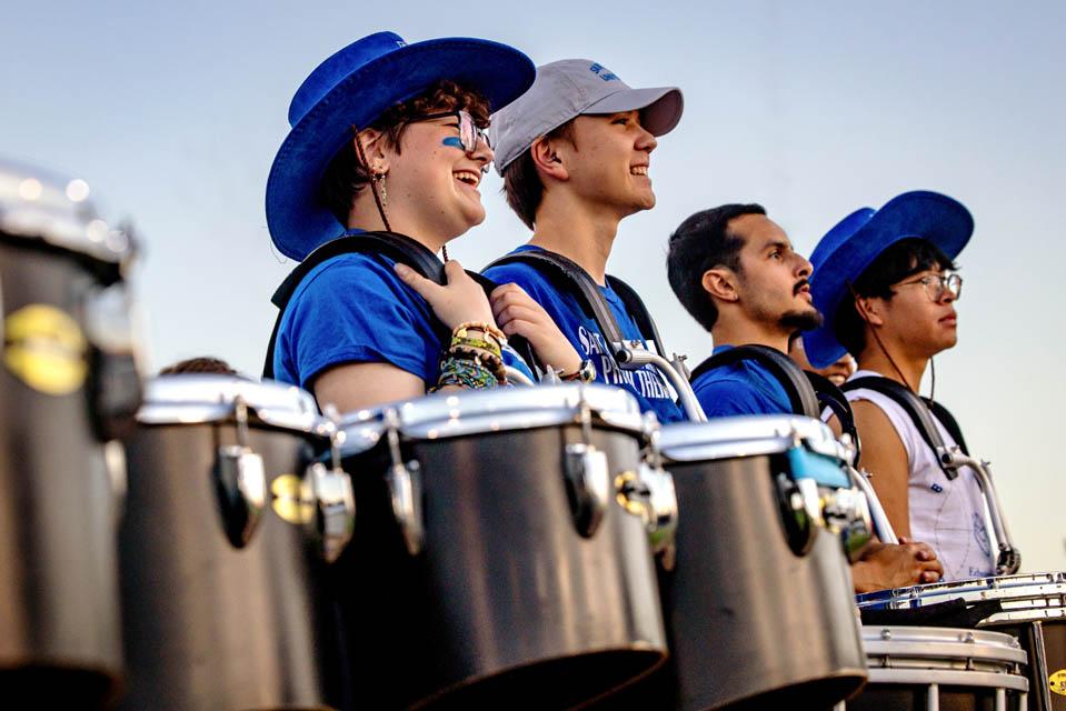 The Billiken Drumline performs during the Homecoming and Family Weekend soccer game on Sept. 27, 2025. Photo by Sarah Conroy. 