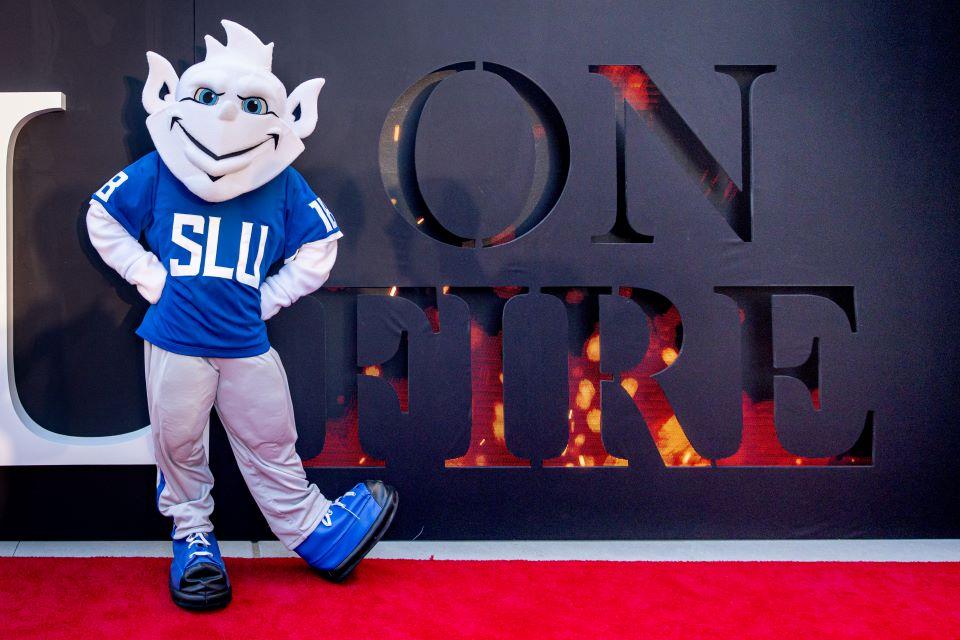 The Billiken poses on the red carpet during the world premiere of Soul on Fire at Powell Hall on October 2, 2025. Photo by Sarah Conroy. 