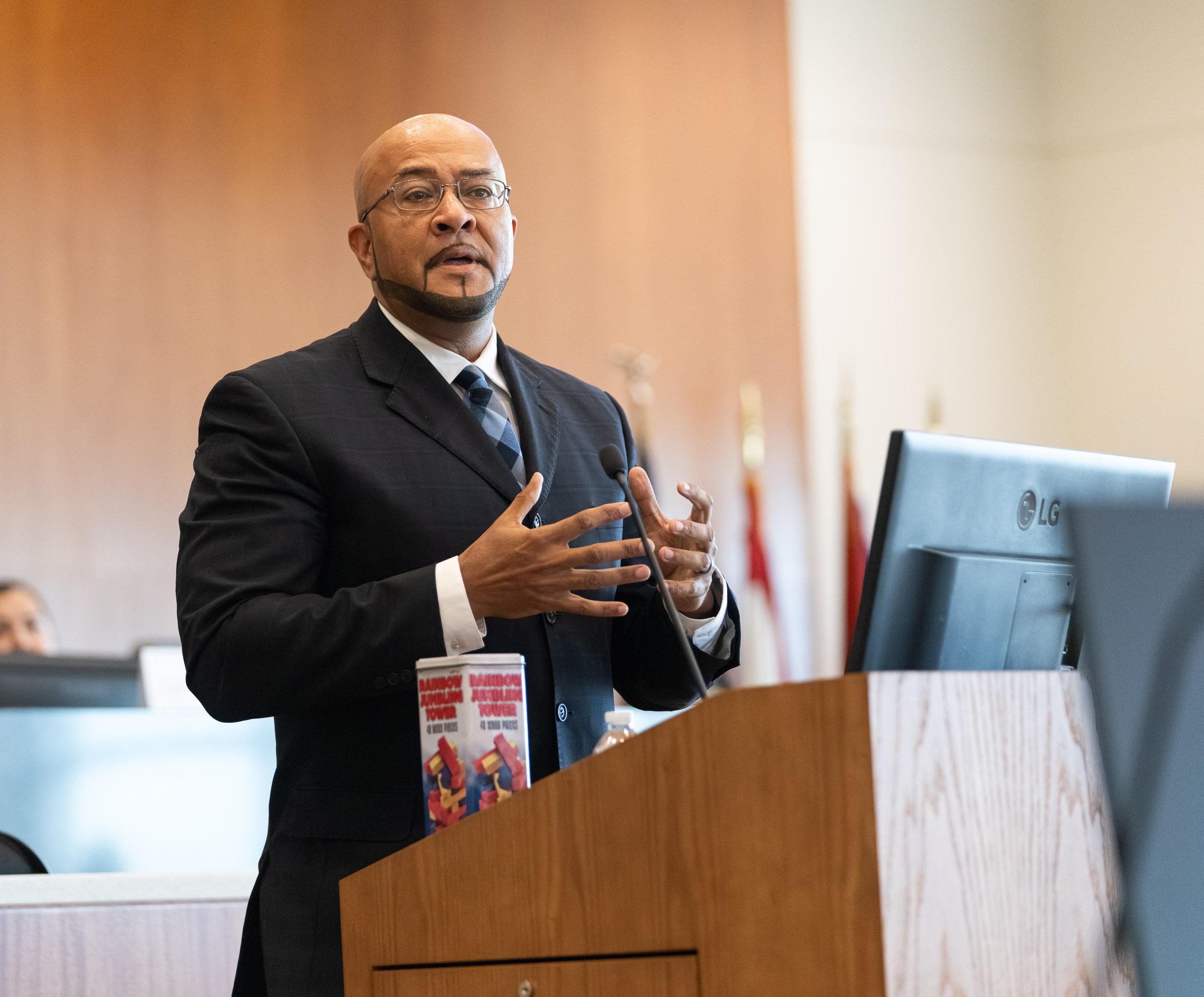 Professor Richard Middleton, an adjunct faculty member of Saint Louis University School of Law, speaks on the panel during the Childress Lecture. 