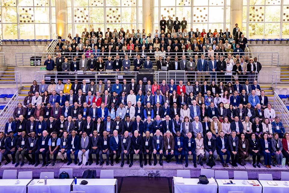 President Feser (second row, second from left) joined the delegates at the International Association of Jesuit Universities in Bogota, Colombiá, on July 1, 2025.