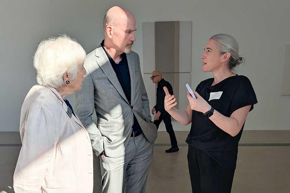 Emily Pulitzer, President Feser, and Pulitzer Arts Foundation Director Cara Starke at a welcome reception hosted by Grand Center, Inc., on Sept. 11, 2025.