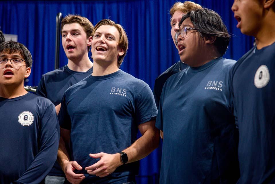 The Bare Naked Statues perform the National Anthem during the Presidential Inauguration of President Edward Feser, Ph.D., on Nov. 5, 2025. Photo by Sarah Conroy.