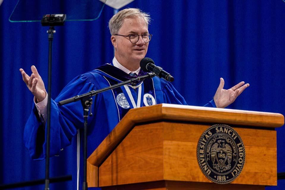 Board of Trustee member Holden Thorp, Ph.D. welcomed President Edward Feser, Ph.D., to SLU. Photo by Sarah Conroy.
