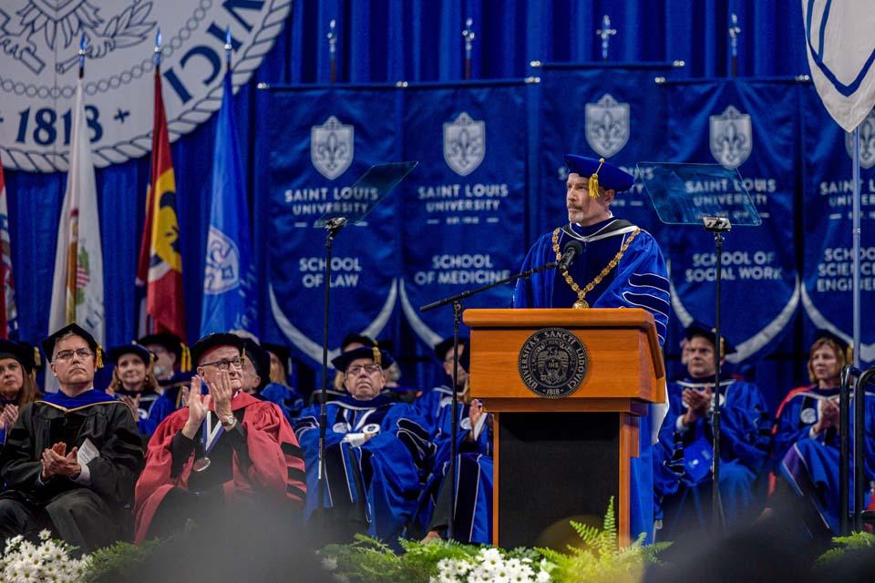 SLU President Edward Feser, Ph.D., delivers his remarks at his inauguration ceremony on Wednesday, Nov. 5, 2025. Photo by Sarah Conroy.
