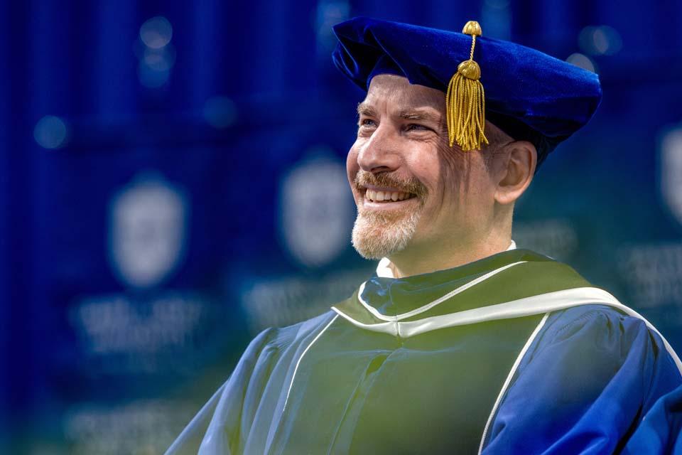 SLU President Edward Feser, Ph.D., smiles during his inauguration ceremony on Wednesday, Nov. 5, 2025. Photo by Sarah Conroy.