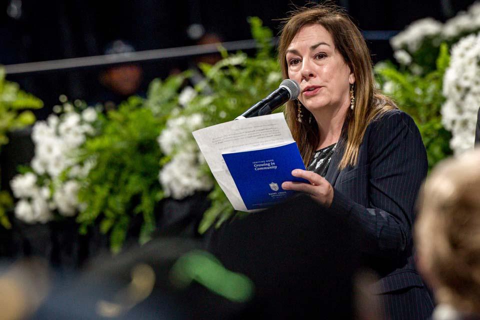 President and CEO of the St. Louis Symphony Orchestra, Marie-Hélène Bernard, speaks during the Presidential Inauguration of President Edward Feser, Ph.D., on Nov. 5, 2025. Photo by Sarah Conroy.