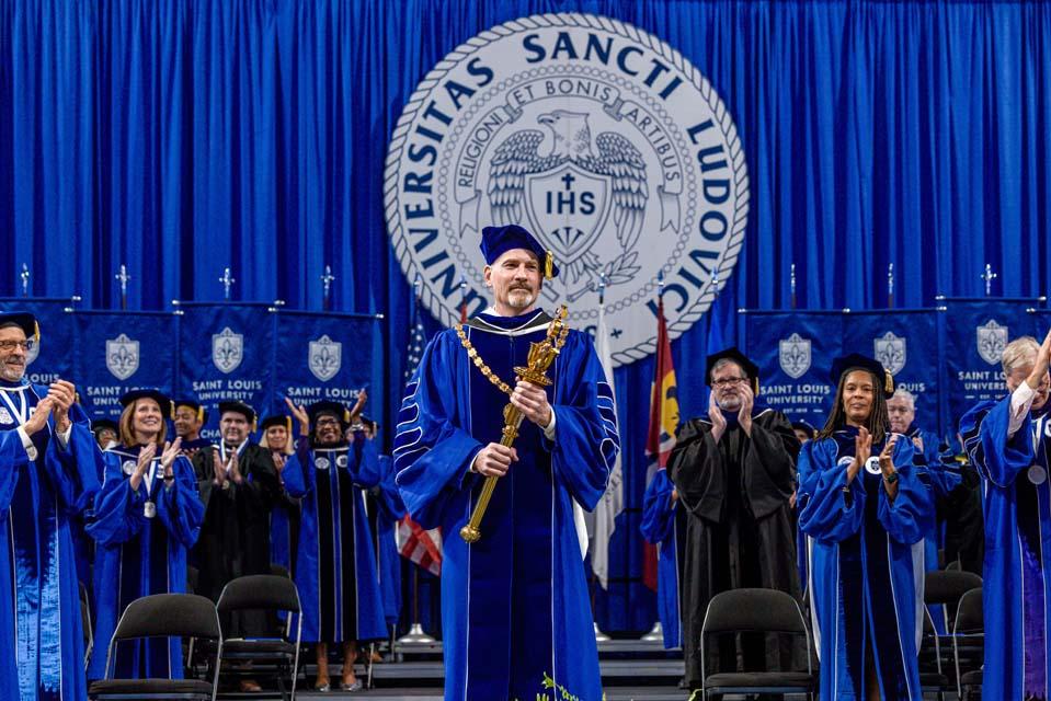 SLU President Edward Feser, Ph.D., is cheered at inauguration on Wednesday, Nov. 5, 2025. Photo by Sarah Conroy.