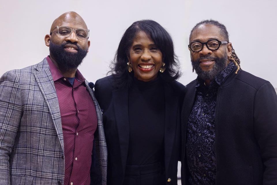 From left, Christopher Tinson, Ph.D., Rochelle Smith, vice president and chief belonging officer, and Richard Marks, Ed.D. before the William L. Clay Sr. Institute of Civic Engagement and Economic Justice Open House on November 11, 2025. Photo by Sarah Conroy. 