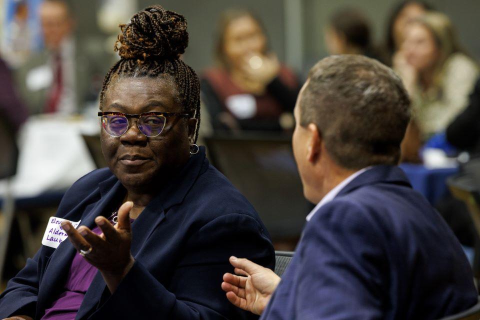 Eleventh Ward Alderwoman Laura Keys chats before the William L. Clay Sr. Institute of Civic Engagement and Economic Justice Open House on November 11, 2025. Photo by Sarah Conroy. 