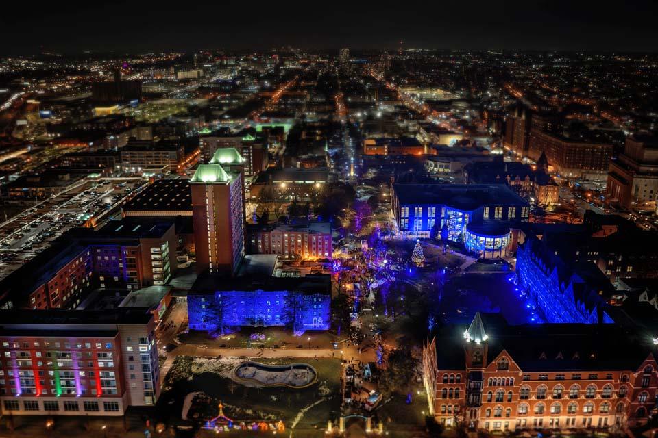 The campus from above during Christmas on the Quad on Saturday, Dec.6, 2025. Photo by Sarah Conroy.