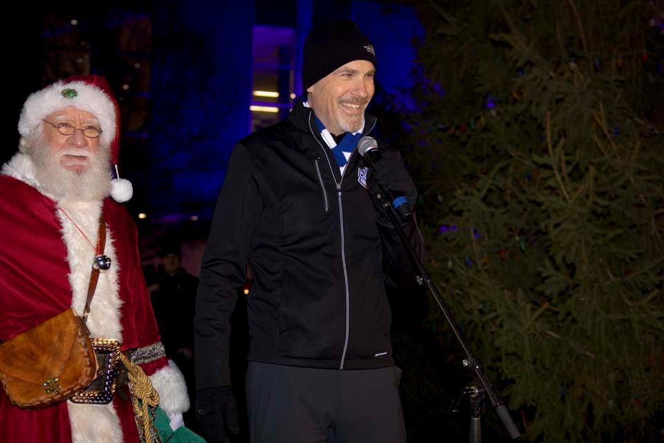 President Edward Feser, Ph.D prepares to light the tree during Christmas on the Quad on Dec. 6, 2025. Photo by Sarah Conroy.