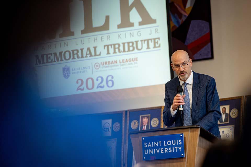 President Edward Feser, Ph.D., speaks during the 2026 Martin Luther King Jr. Memorial Tribute on Jan. 22, 2026. Photo by Sarah Conroy.