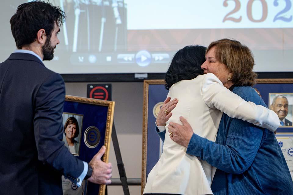 SLU Truster Marian “Bo” Mehan, right, embraces Rochelle D. Smith, vice president and Chief Belonging Officer, while receiving the Lifetime Achievement Award during the 2026 Martin Luther King Jr. Memorial Tribute on Jan. 22, 2026. Photo by Sarah Conroy.