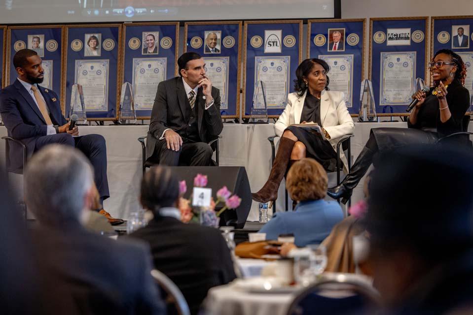 From left, Rev. Dr. Anthony L. Riley, Michael P. McMillan, Rochelle D. Smith, and Katrine Moore, Ph.D., participate on a panel about the role of the Black church during the 2026 Martin Luther King Jr. Memorial Tribute on Jan. 22, 2026. Photo by Sarah Conroy.