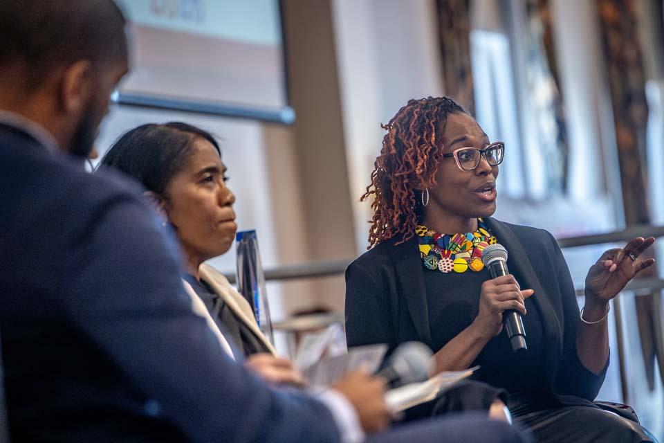 Katrina Moore, Ph.D, associate professor of history, speaks on a panel about the role of the Black church during the 2026 Martin Luther King Jr. Memorial Tribute on Jan.  22, 2026. Photo by Sarah Conroy.