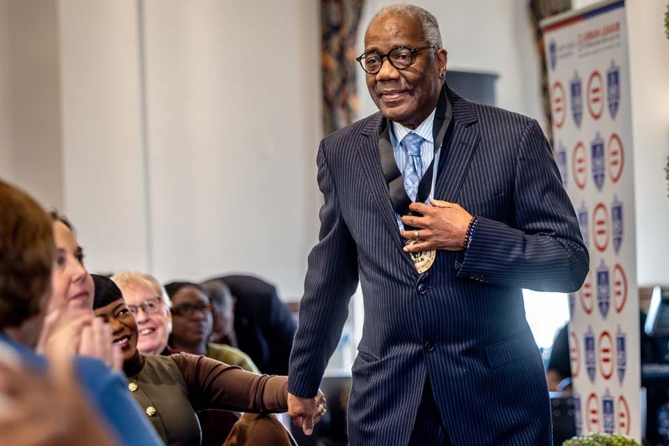 Lifetime Achievement award winner, Ron Himes, founder and producing director of the St. Louis Black Repertory Company, greets a supporter during the 2026 Martin Luther King Jr. Memorial Tribute on Jan. 22, 2026. Photo by Sarah Conroy.