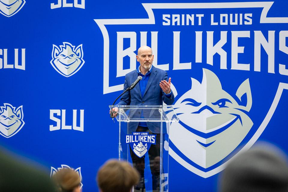 SLU President, Ed Feser, speaks to admitted students and their families before the men's basketball game vs. La Salle.