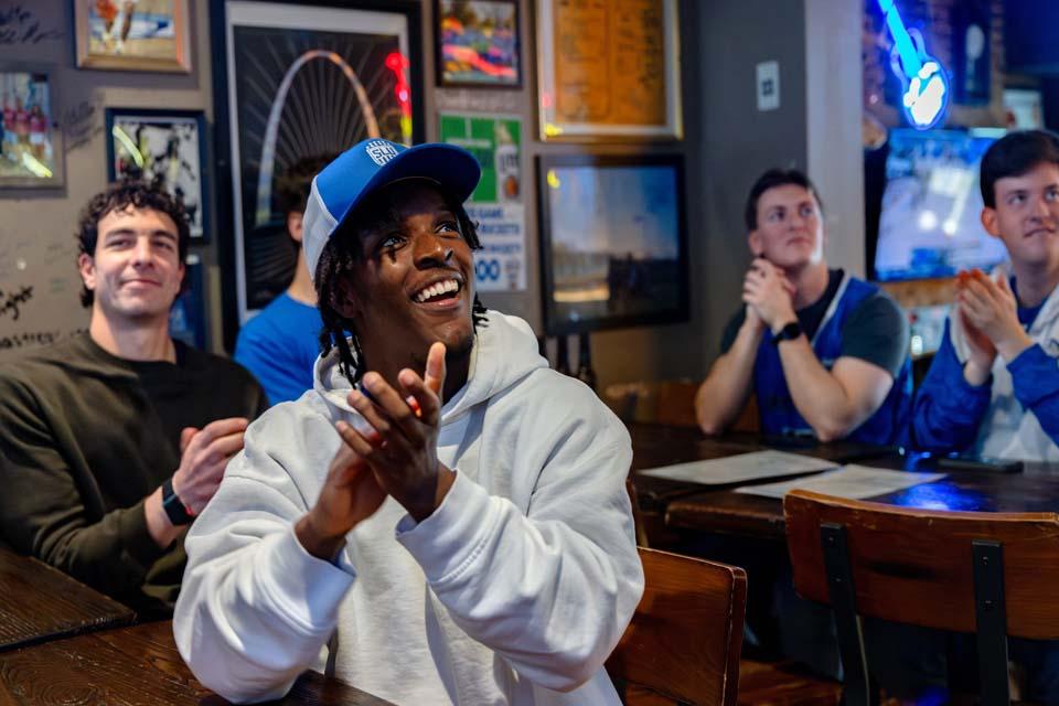 Billikens fans react as they watch the A-10 quarterfinal game against George Washington University during a watch party at Humphrey’s Restaurant and Tavern on March 13, 2026. The Billikens won 88-81. Photo by Sarah Conroy.