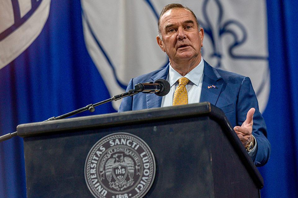 Missouri Governor Mike Kehoe spoke and shared his excitement about the start of Feser’s tenure: “He understands that higher
education must go beyond instruction and instead be paired with inspiration — inspiration to think boldly, to serve generously and to lead faithfully. Under Dr. Feser’s leadership, I am confident this University will continue to be a light for the city and for our entire state.”