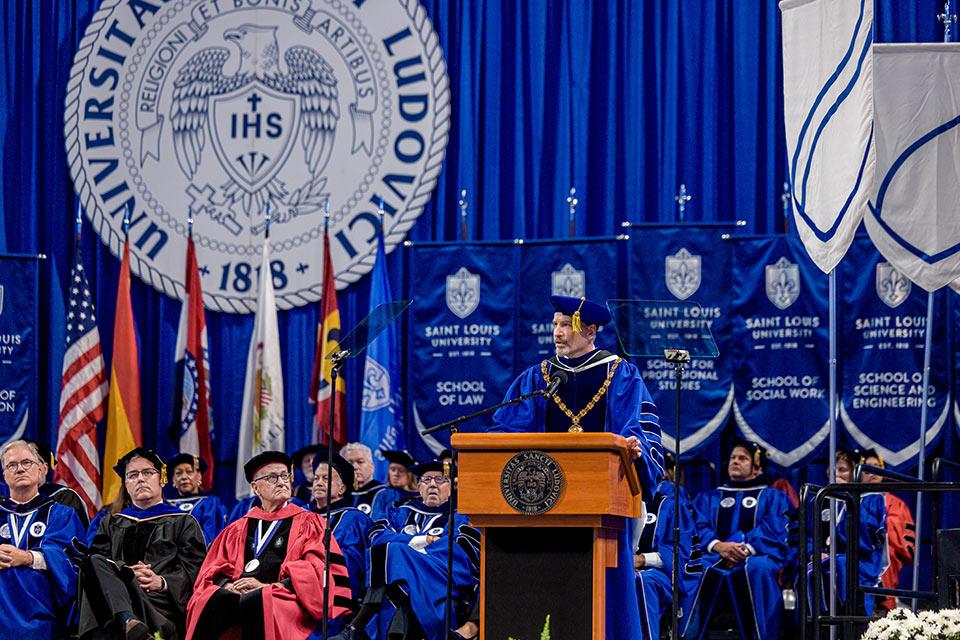 In his inaugural address, Feser said that there are challenges ahead for higher education but noted that SLU has a history of navigating difficult circumstances — and that the University’s enduring strength lies in its willingness to grow with humility and courage. He said the most important part of SLU’s mission is to prepare students for the future.