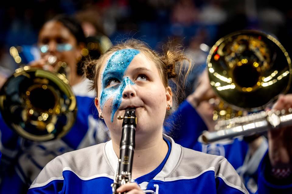 The pep band performs during the NCAA Tournament against the University of Georgia at the Keybank Center in Buffalo, NY on March 19, 2026. Photo by Sarah Conroy. 