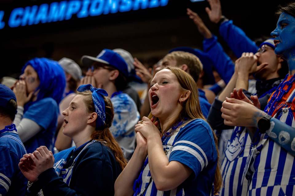 Student fans cheer during Round 1 of the NCAA Tournament against the University of Georgia at the Keybank Center in Buffalo, NY on March 19, 2026. Photo by Sarah Conroy.

