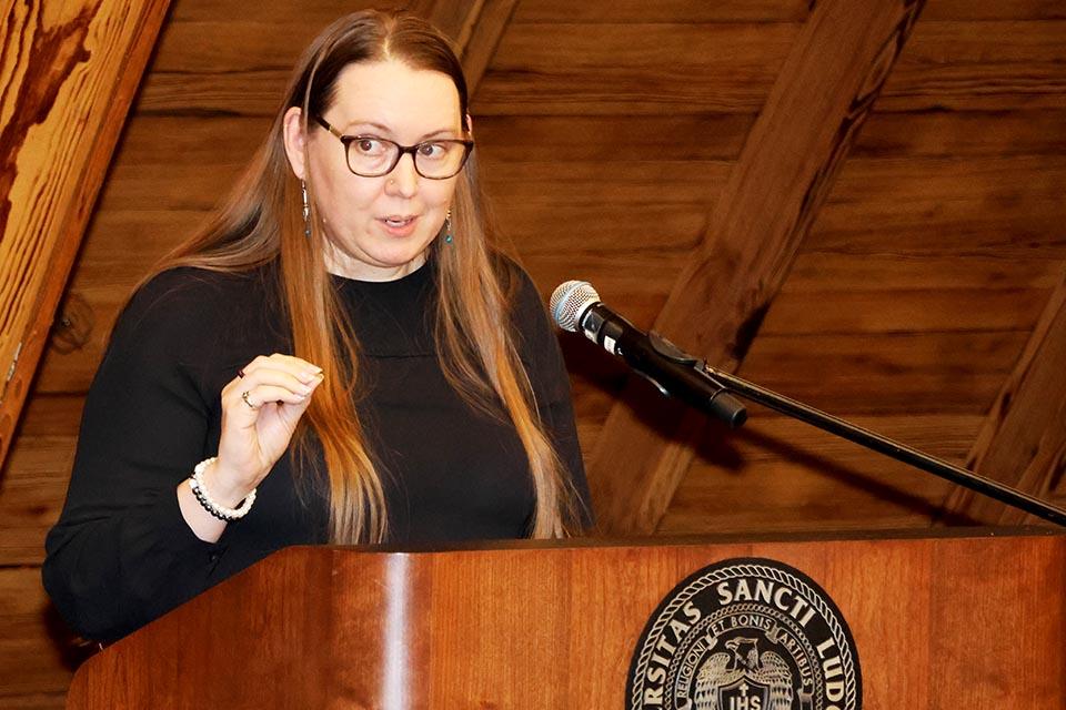 Amanda Barton, Ph.D., talked about the importance of teaching during the 2026 Celebration of Teaching on Wednesday, April 1. Photo by Joe Barker.