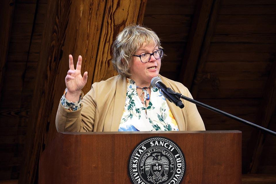 Carolyn O'Laughlin, Ph.D., explained the creation of her Ignite Seminar during her talk at the 2026 Celebration of Teaching on Wednesday, April 1. Photo by Joe Barker.