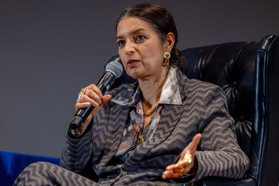 Jhumpa Lahiri, the 2026 St. Louis Literary Award recipient, gives a craft talk at Cook Hall on April 9, 2026. Photo by Sarah Conroy.