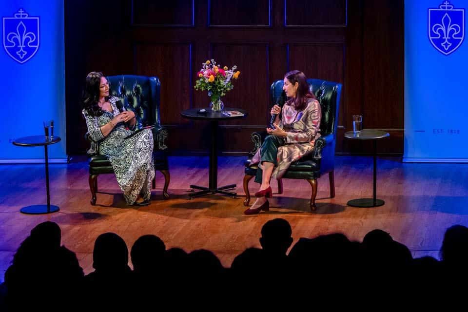 Jhumpa Lahiri, the 2026 St. Louis Literary Award recipient, speaks with Aisha Sultan, left, during An Evening with Jhumpa Lahiri at the Sheldon Concert Hall on April 8, 2026. Photo by Sarah Conroy.