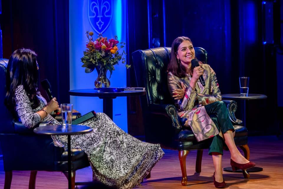 Jhumpa Lahiri, the 2026 St. Louis Literary Award recipient, speaks with Aisha Sultan, left, during An Evening with Jhumpa Lahiri at the Sheldon Concert Hall on April 8, 2026. Photo by Sarah Conroy.