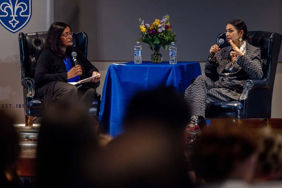 Jhumpa Lahiri, the 2026 St. Louis Literary Award recipient, gives a craft talk at Cook Hall on April 9, 2026. Photo by Sarah Conroy.