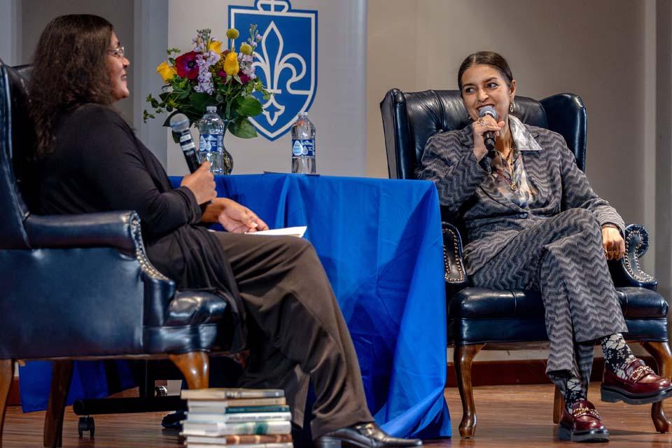 Jhumpa Lahiri, the 2026 St. Louis Literary Award recipient, gives a craft talk at Cook Hall on April 9, 2026. Photo by Sarah Conroy.
