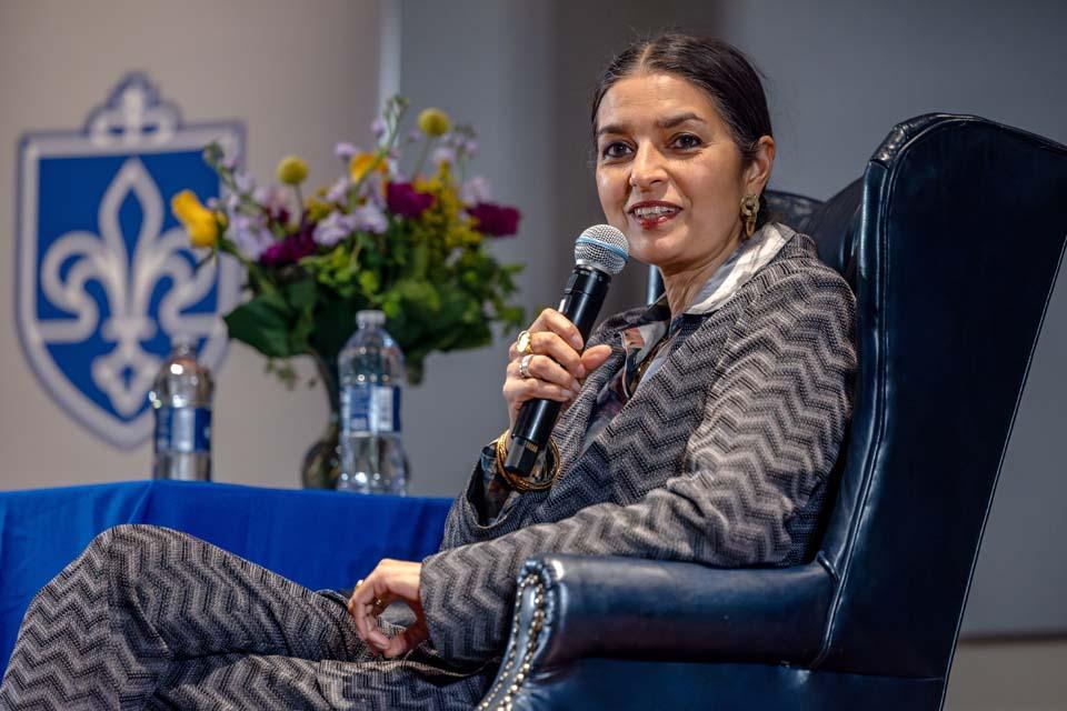 Jhumpa Lahiri, the 2026 St. Louis Literary Award recipient, gives a craft talk at Cook Hall on April 9, 2026. Photo by Sarah Conroy.