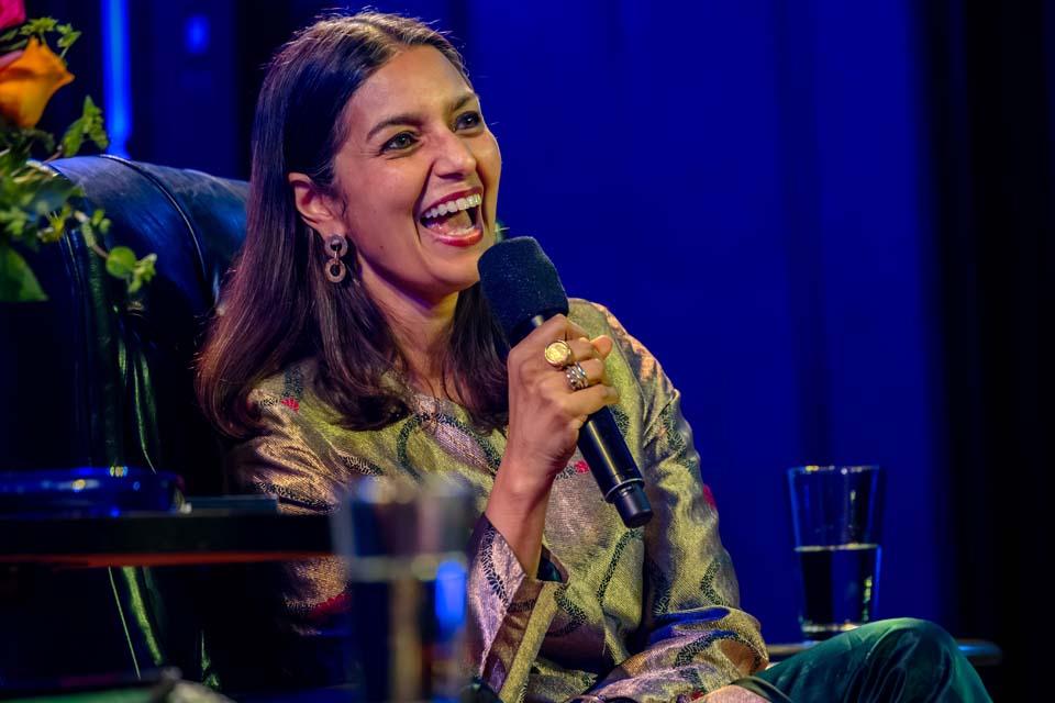 Jhumpa Lahiri, the 2026 St. Louis Literary Award recipient, speaks during An Evening with Jhumpa Lahiri at the Sheldon Concert Hall on April 8, 2026. Photo by Sarah Conroy.