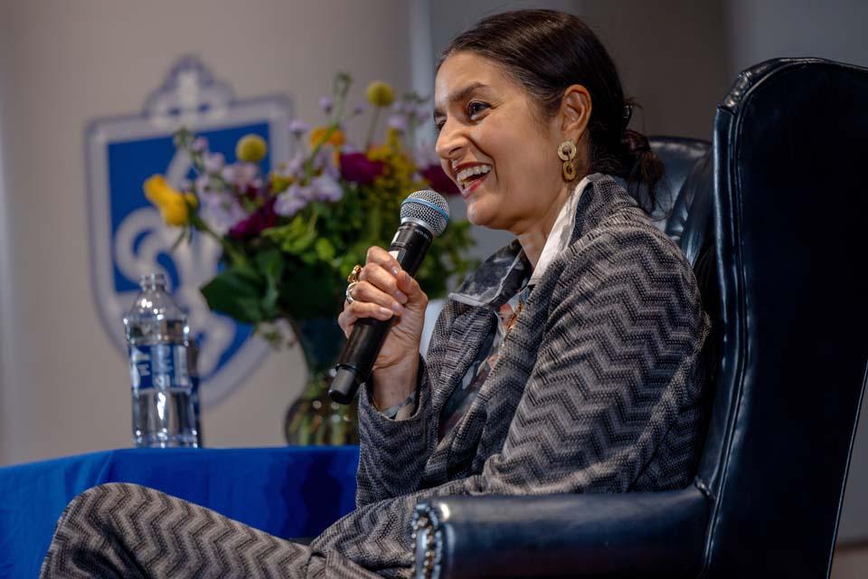 Jhumpa Lahiri, the 2026 St. Louis Literary Award recipient, gives a craft talk at Cook Hall on April 9, 2026. Photo by Sarah Conroy.