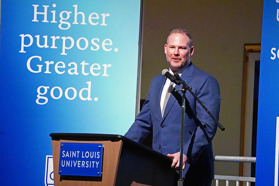 Matt Goodwin, SLU’s interim vice president for student development, speaks at the 2026 Scholarship Dinner. Photo by Megan Favignano-Mansouri.