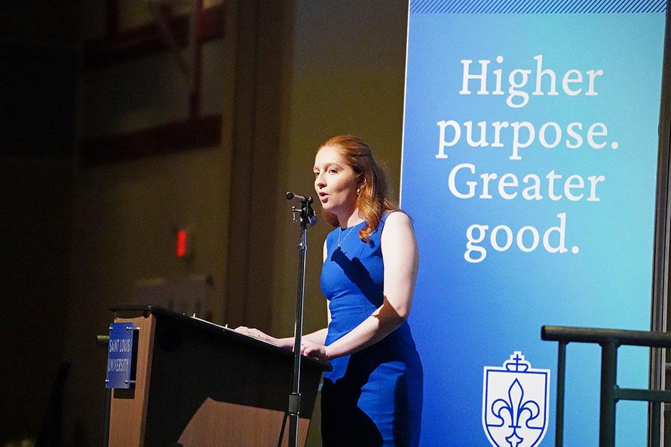 SLU student Grace LoPiccolo speaks at the 2026 Scholarship Dinner. Photo by Megan Favignano-Mansouri.