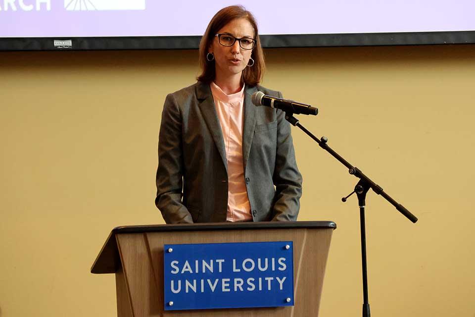 Atria Larson, Ph.D., was recognized in the Scholarly Works as Non-Clinical Articles category at the 2026 Scholarly Works and Grant Winners Reception on Wednesday, April 29. Photo by Joe Barker. 
