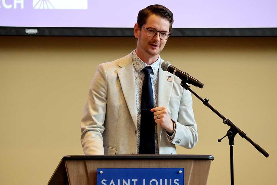 Nate Kinsey, Ph.D,,  received a Career Award at the 2026 Scholarly Works and Grant Winners Reception on Wednesday, April 29. Photo by Joe Barker. 